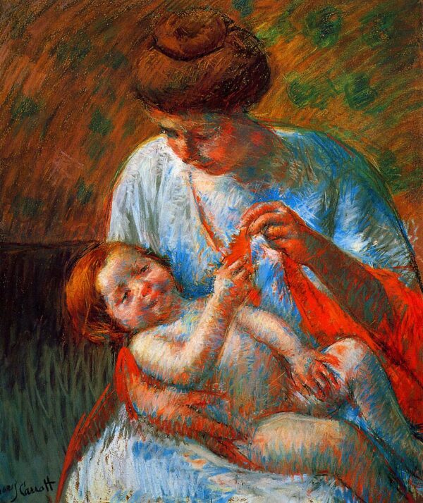 Bambino sdraiato sulle ginocchia della madre, tendendo la mano per tenere una sciarpa – Mary Cassatt Mary Cassatt 2024-11-14