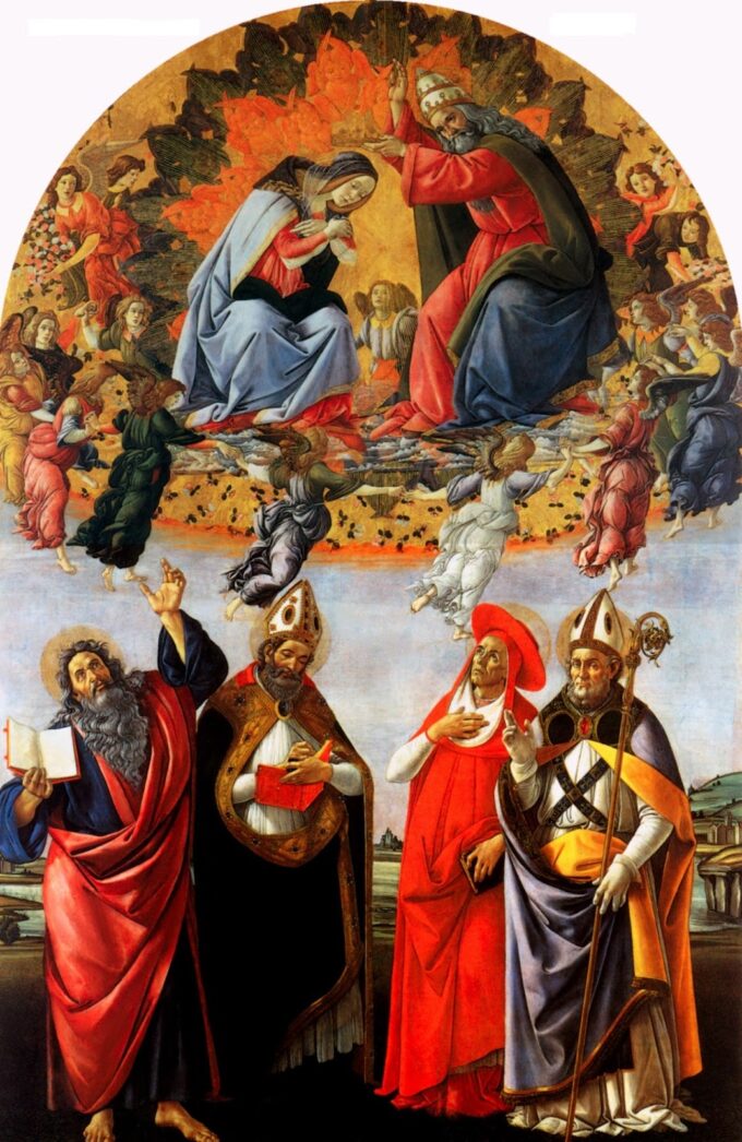 Coronazione di Maria con San Giovanni Evangelista, Agostino, Gerolamo ed Eligio – Sandro Botticelli Sandro Botticelli 2024-09-19