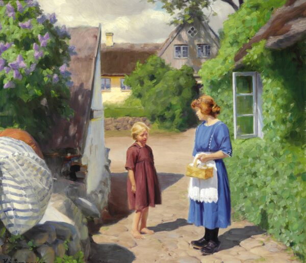 Giornata estiva a Jyllinge. Lillà in fiore e bambine per la strada del villaggio – Hans Andersen Brendekilde Hans Andersen Brendekilde 2024-11-14