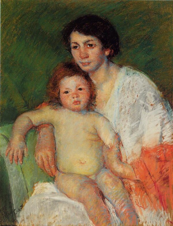 Bambino nudo sulle ginocchia della madre, il braccio appoggiato sullo schienale della sedia – Mary Cassatt Mary Cassatt 2024-11-14