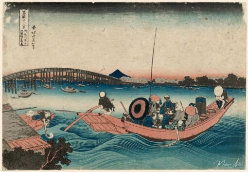 Hokusai che contempla il tramonto sul ponte Ryōgoku dal molo Onmayagashi (Onmayagashi yori Ryōgokubashi sekiyō o miru), dalla serie trentasei vedute del Monte Fuji (Fugaku sanjūrokkei) – Katsushika Hokusai Katsushika Hokusai 2025-05-21
